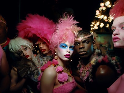 A group of queer people in a grungey night club dressed extravagantly stare into the camera