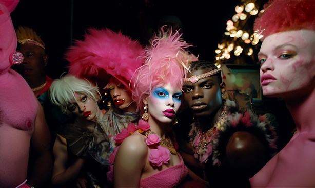 A group of queer people in a grungey night club dressed extravagantly stare into the camera