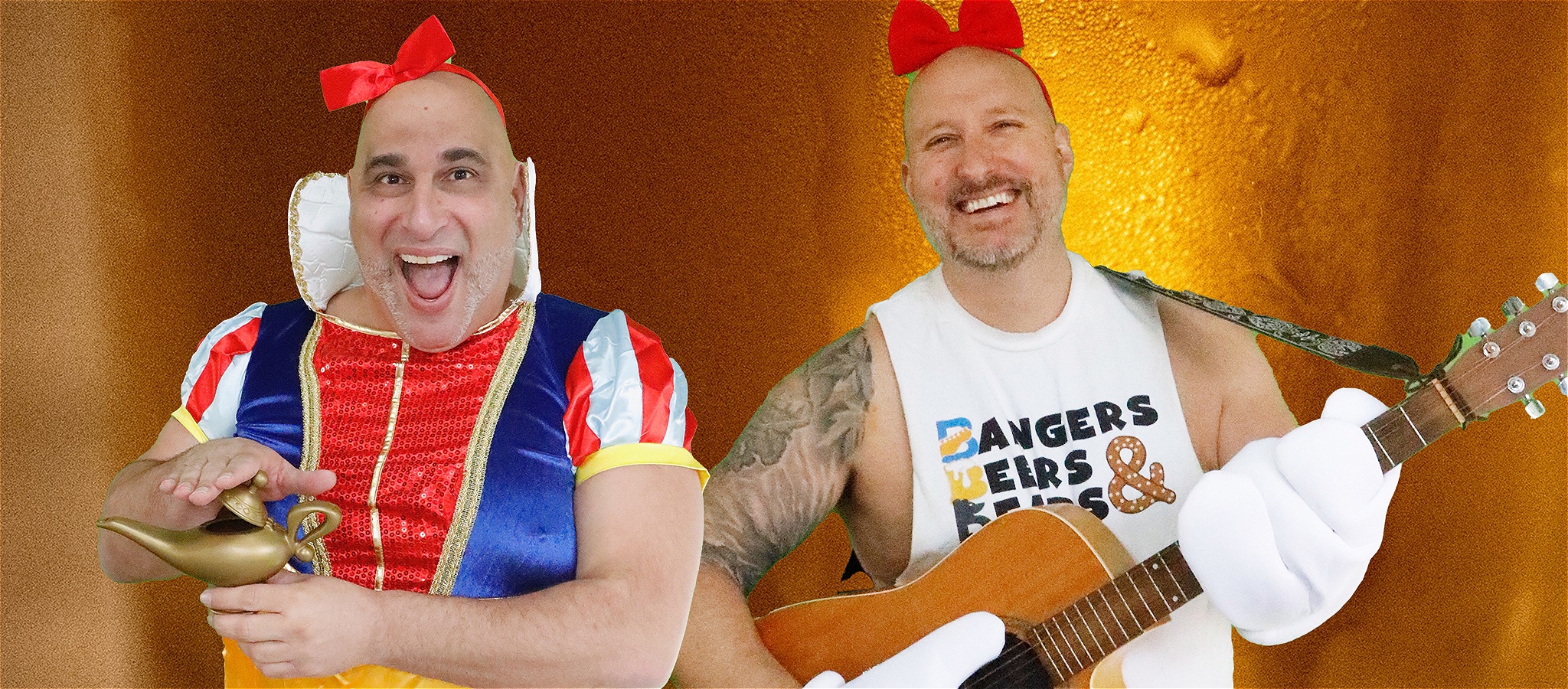 Dean is dressed as Snow White holding a genie's lamp while Big Kev holds a guitar with giant Mickey Mouse hands