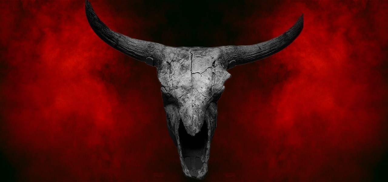 A black and white bull skull floats above a black background with red smoke clouds.
