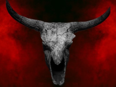 A black and white bull skull floats above a black background with red smoke clouds.