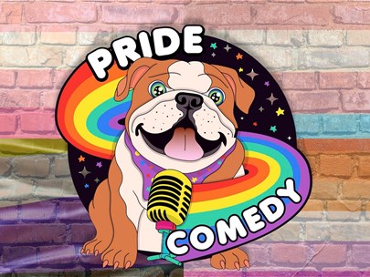 A cartoon of a bulldog standing in front of a microphone, surrounded by a rainbow. In the background are pride flags.