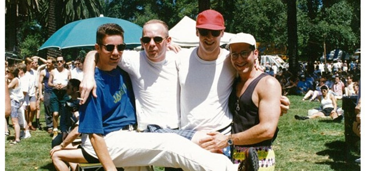 Midsumma Carnival 1996 by Richard Israel and 1997 by Virginia Selleck: four men posing, with arms around each other
