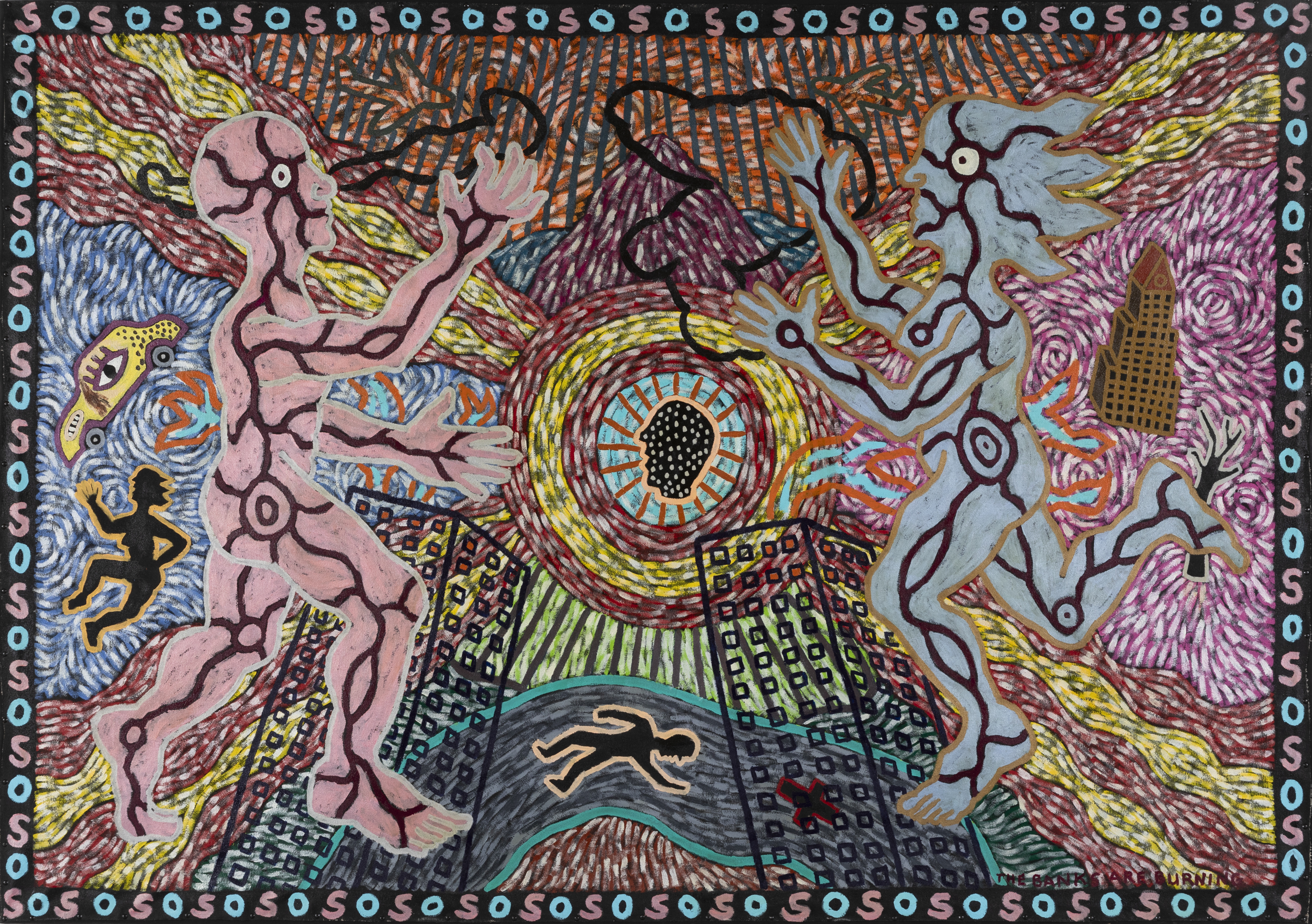 A painting of repetitive lines and bold shapes and colours featuring two primary figures and other shapes like a car and buildings