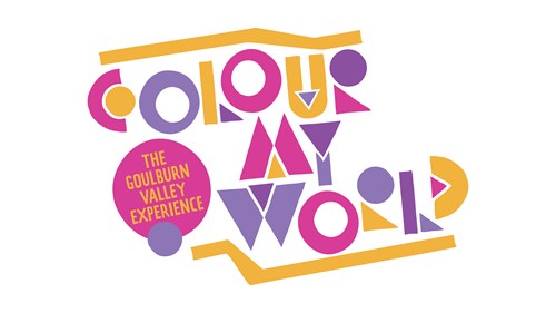 A white brochure with text COLOUR MY WORLD then in small print THE GOULBURN VALLEY EXPERIENCE