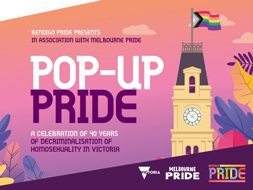 Graphic of Bendigo Town Hall flying rainbow flag with text celebrating 40 years since decriminalisation of homosexuality