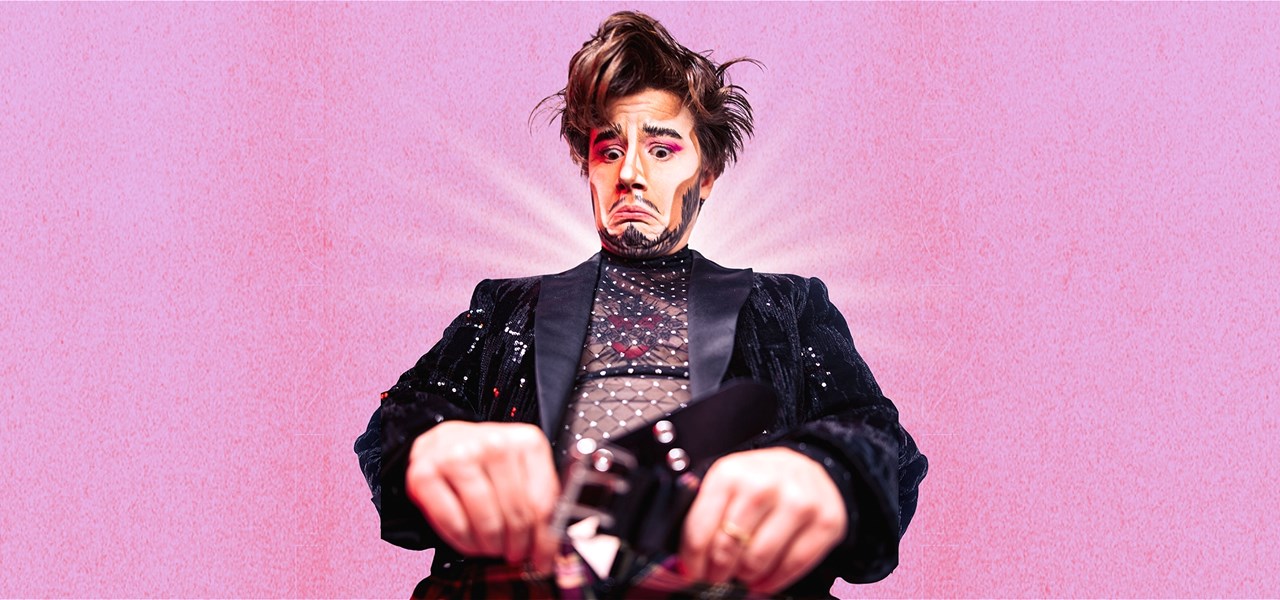 Graphic of a drag king looking into the front of their trousers with a quizzical expression