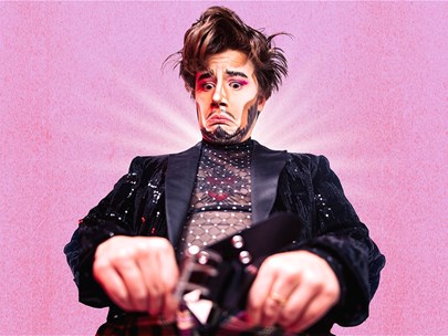 Graphic of a drag king looking into the front of their trousers with a quizzical expression