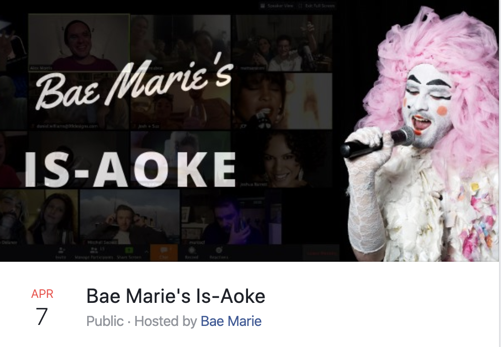 Bain Marie dressed as a white-faced clown, with text: 'Bae Marie's IS-AOKE'