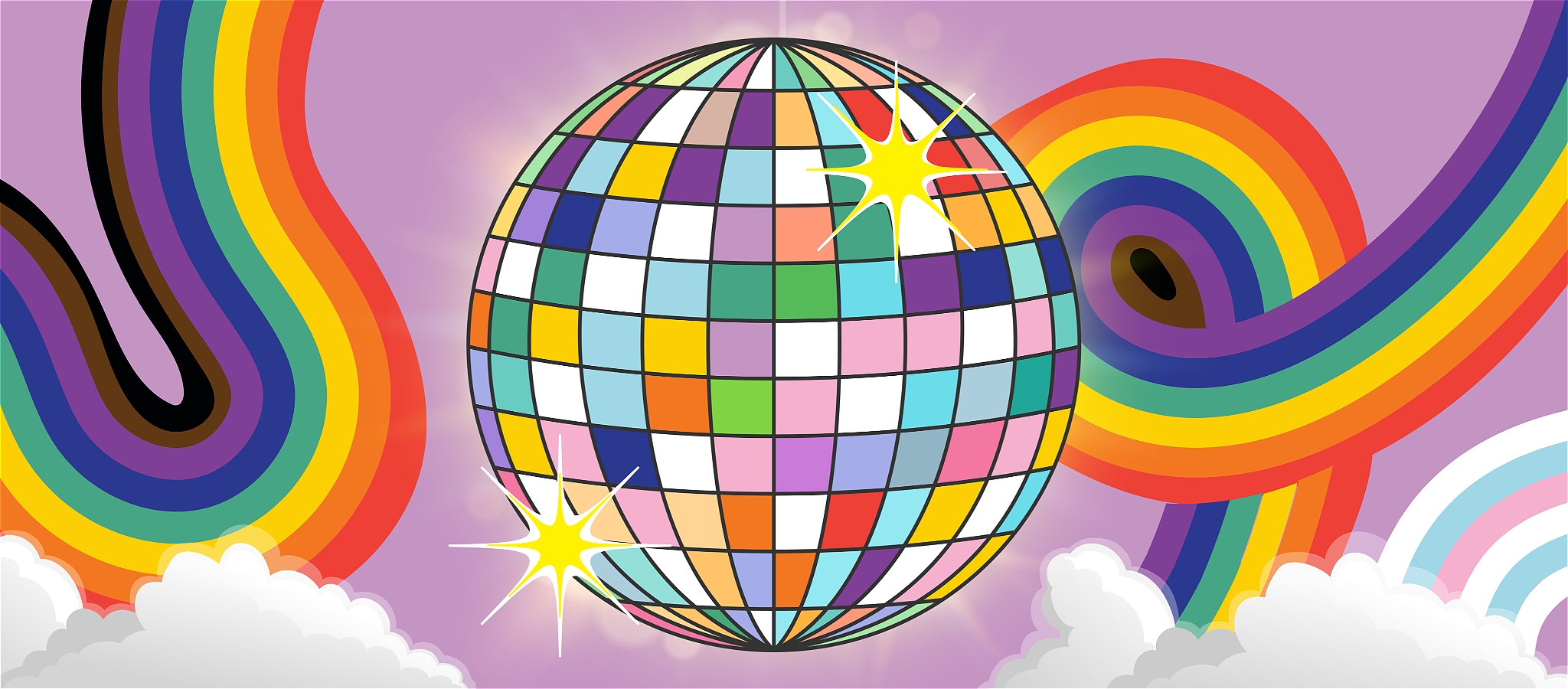 This is an image of a disco ball with a rainbow background