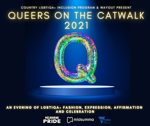 Poster of a rainbow letter Q with text "Queers on the catwalk 2021"