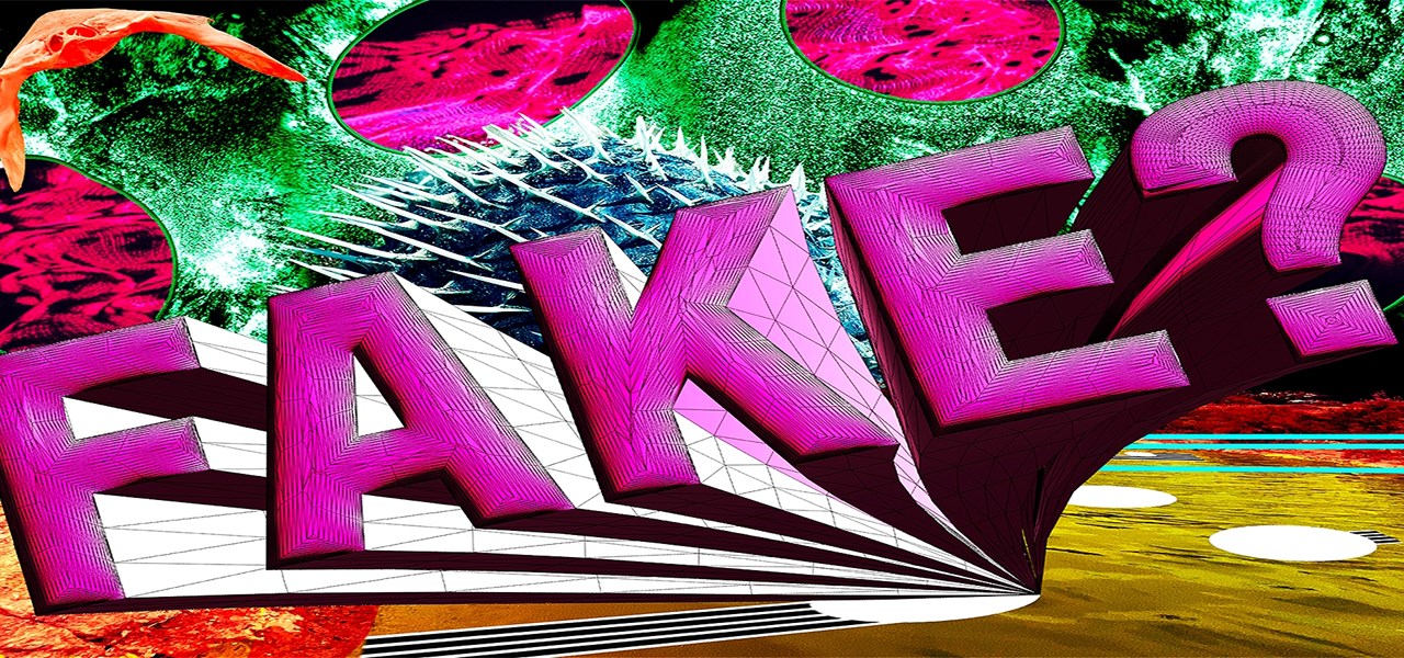Hot pink text FAKE with coloured background created by Betty Sargeant in collaboration with an AI