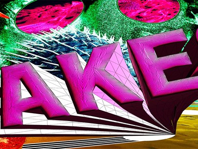 Hot pink text FAKE with coloured background created by Betty Sargeant in collaboration with an AI