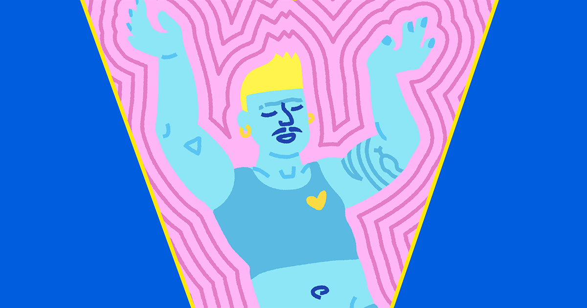 Graphic of a singlet-ed person, arms in air, enclosed in a pink cone in front of a blue background