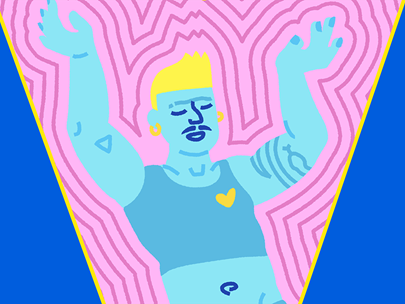 Graphic of a singlet-ed person, arms in air, enclosed in a pink cone in front of a blue background