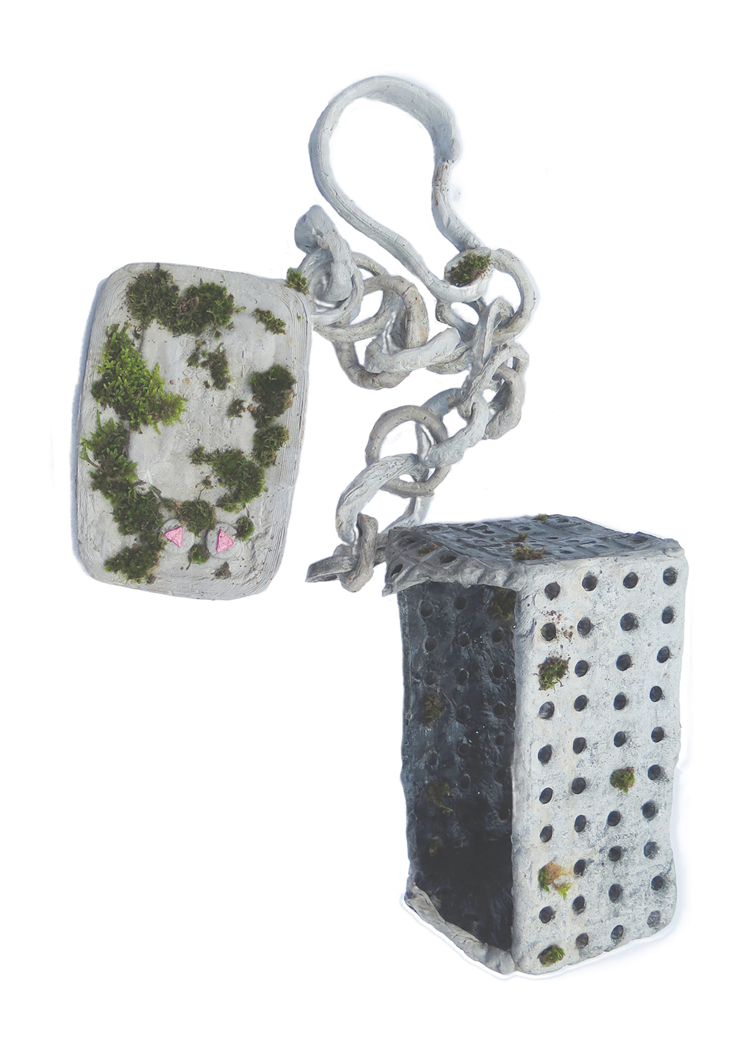 Painted polystyrene objects with moss growing on them