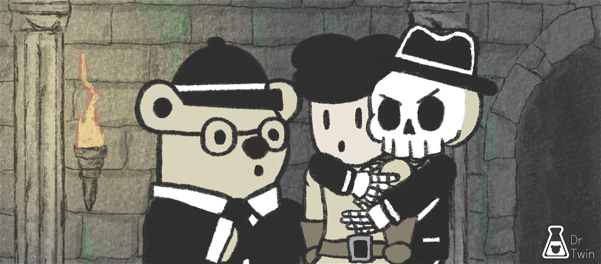 An illustration of Otso the bear and Bones the skeleton