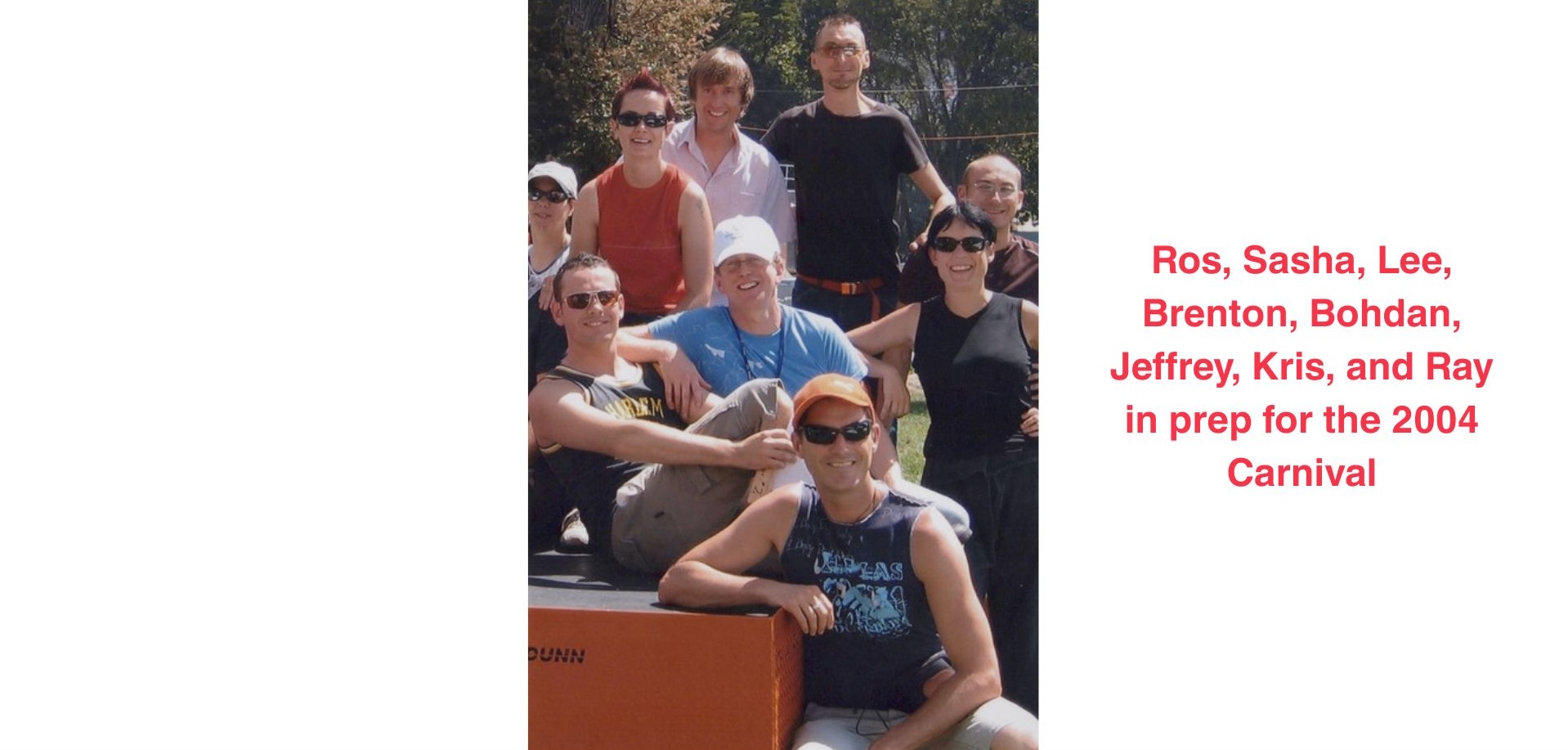 A group of people posing as they prepare for the 2004 Midsumma Carnival