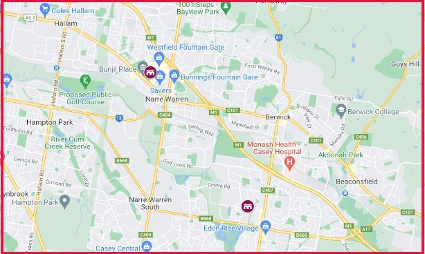 Map showing venues in the south east suburbs