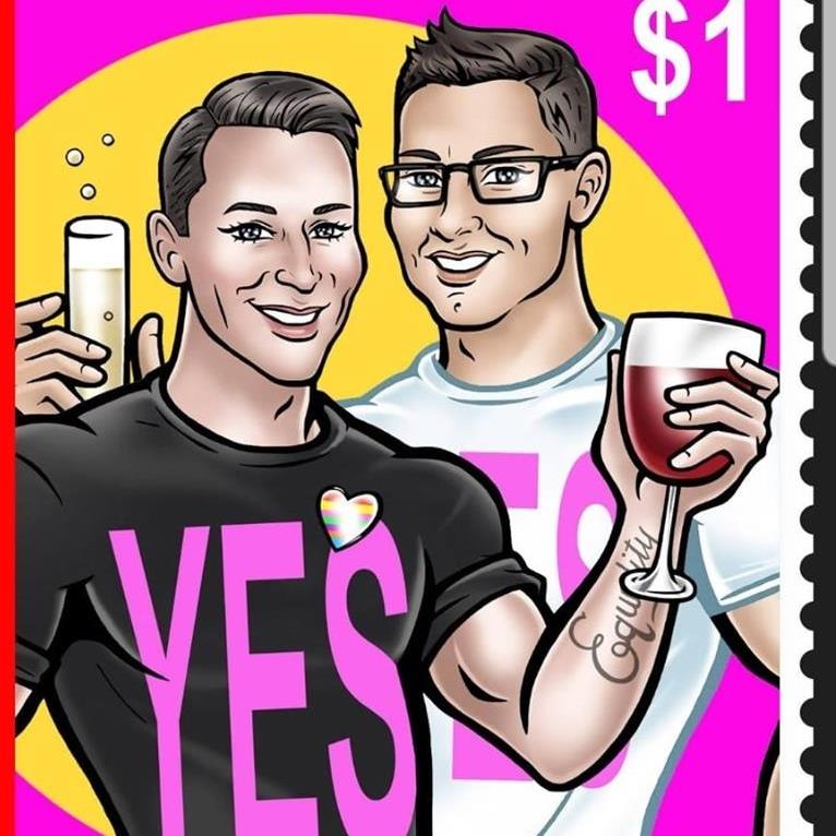 Postage stamp of two happy men holding glasses of wine, with 'YES' on their t-shirts