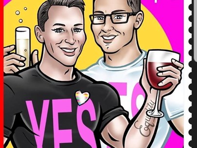 Postage stamp of two happy men holding glasses of wine, with 'YES' on their t-shirts