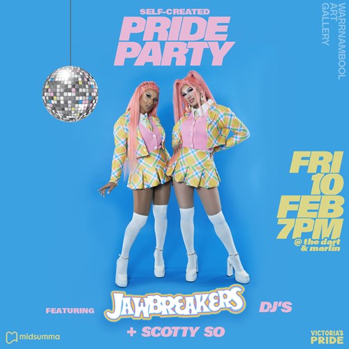 Poster for "Self-created PRIDE PARTY" with two similarly dressed "party girls"