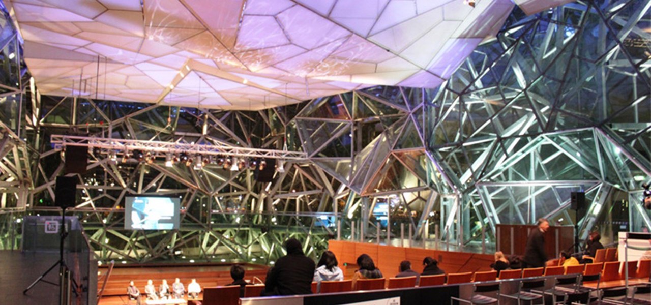 Interior of The Edge at Fed Square highlighting the roof and the stage