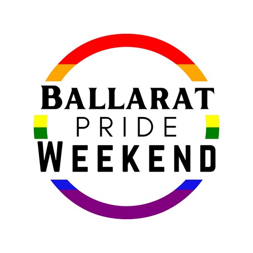 Rainbow circle holding text 'Ballarat Pride Weekend' 