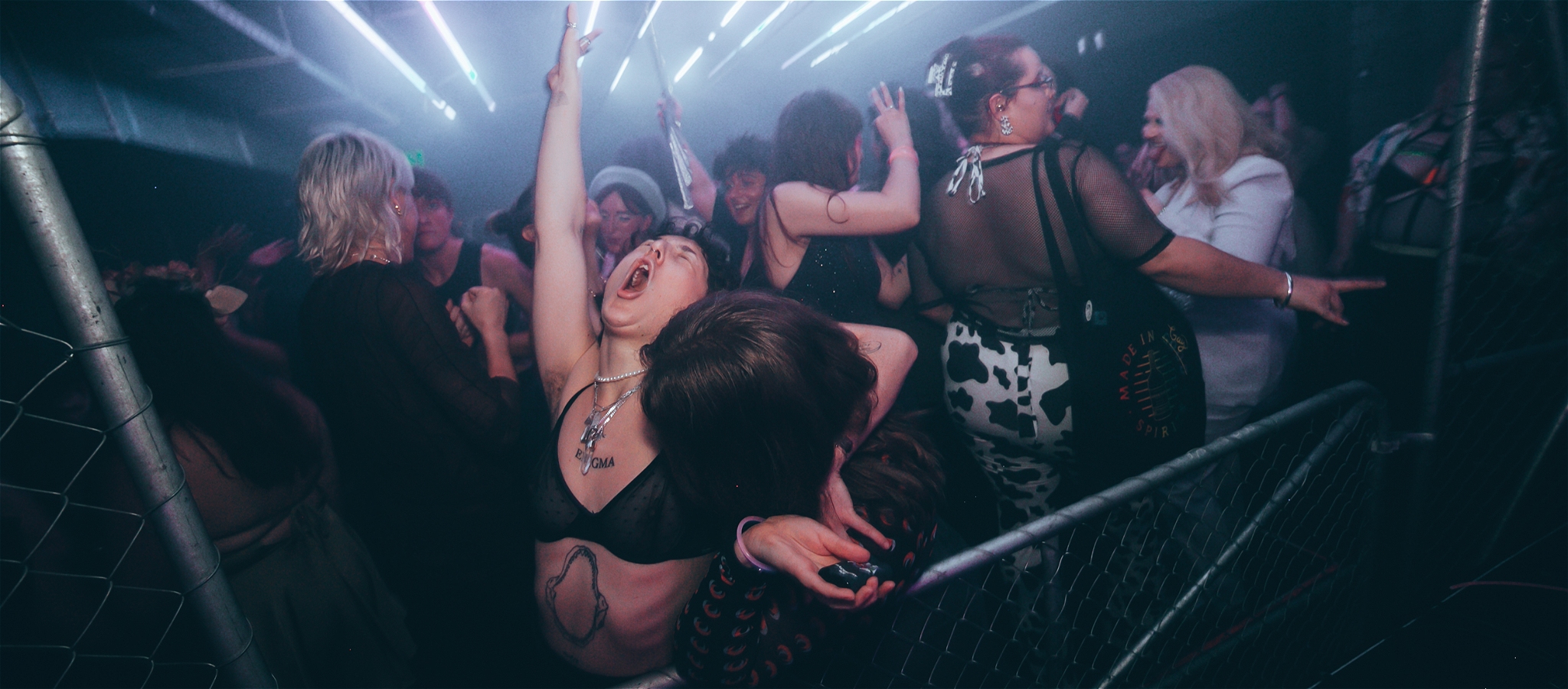 A crowd of people in a club dance and celebrate jubilantly