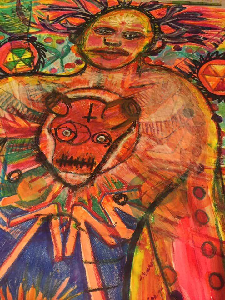 Colourful abstract art work of a person with arms wrapped around a bear-like figure