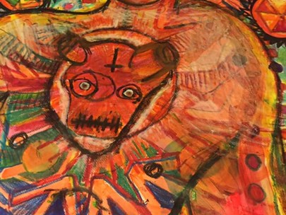 Colourful abstract art work of a person with arms wrapped around a bear-like figure