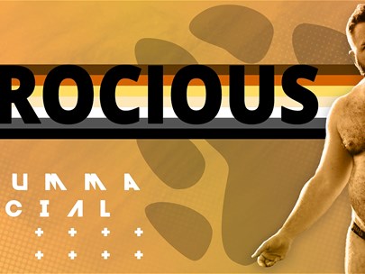 Gay bear man standing in front of the a bear paw with the title Furocious Midsumma Special