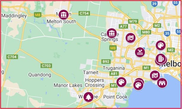 Map of the Melbourne's western suburbs with Midsumma venues marked on it