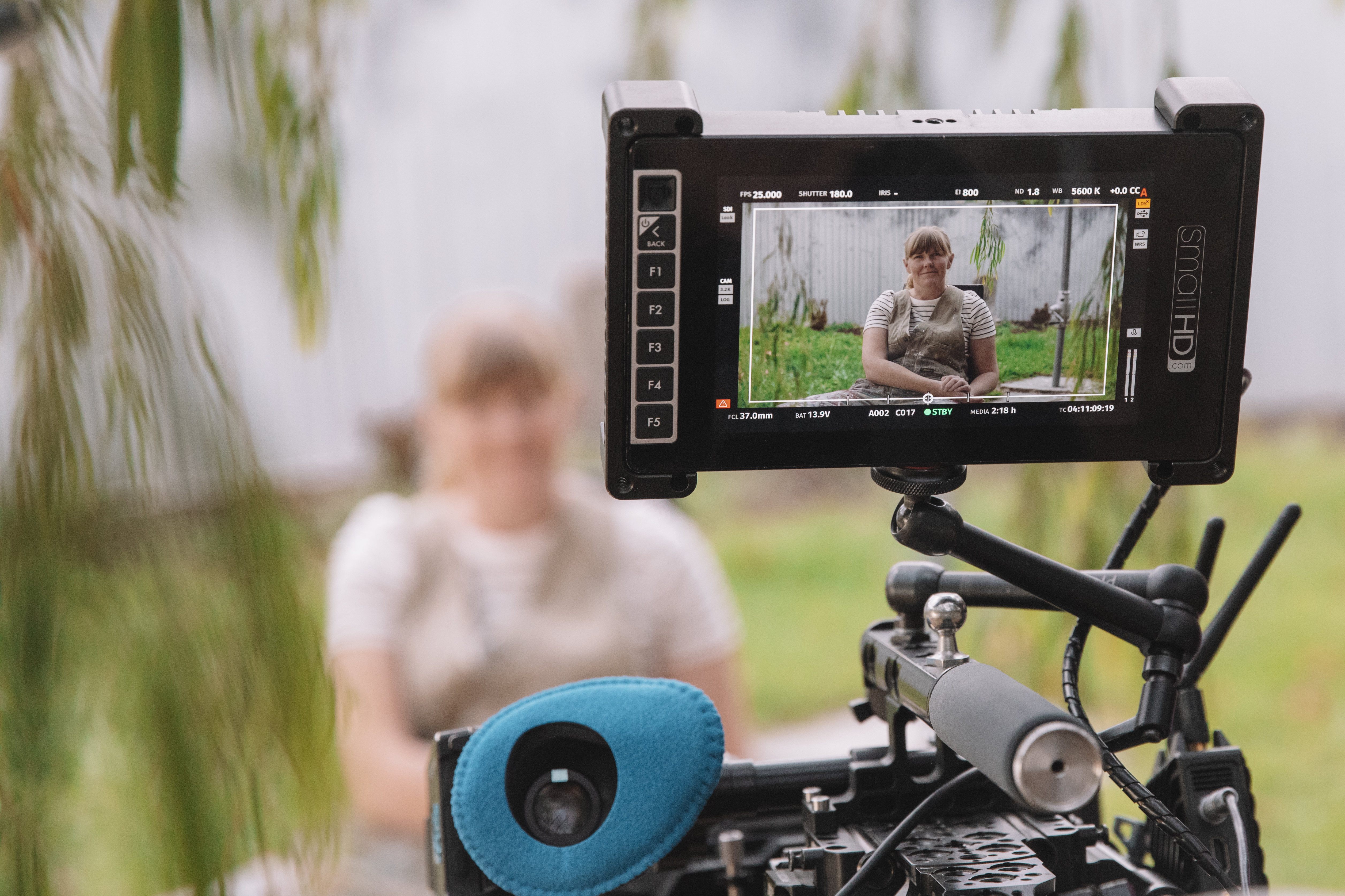 View through a photographer's lens. The subject of the photo is blurred in the background.
