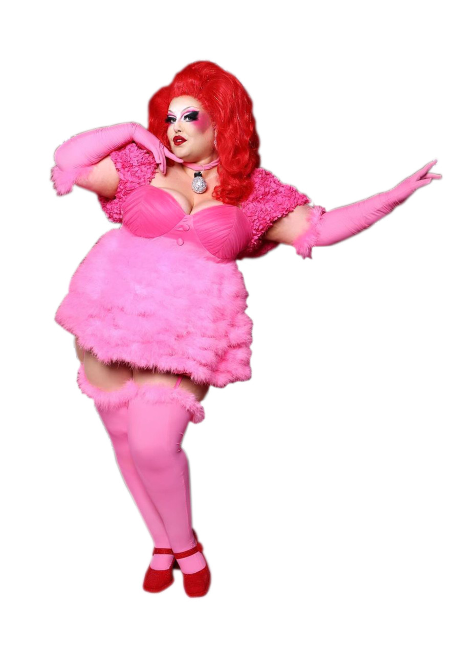 Mum the Drag Queen dressed in pink with red wig and red shoes