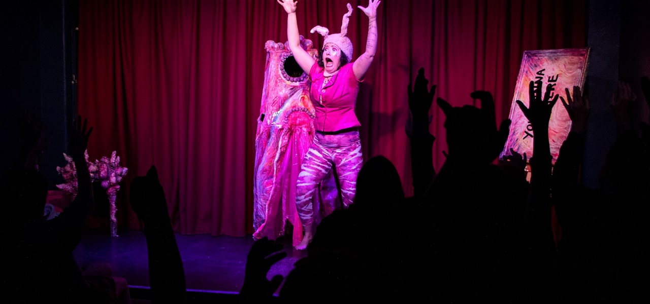 A woman dressed all in pink with pink fuzzy ears is on stage with her hands raised up high, the silhouetted audience all also have their hands raised.