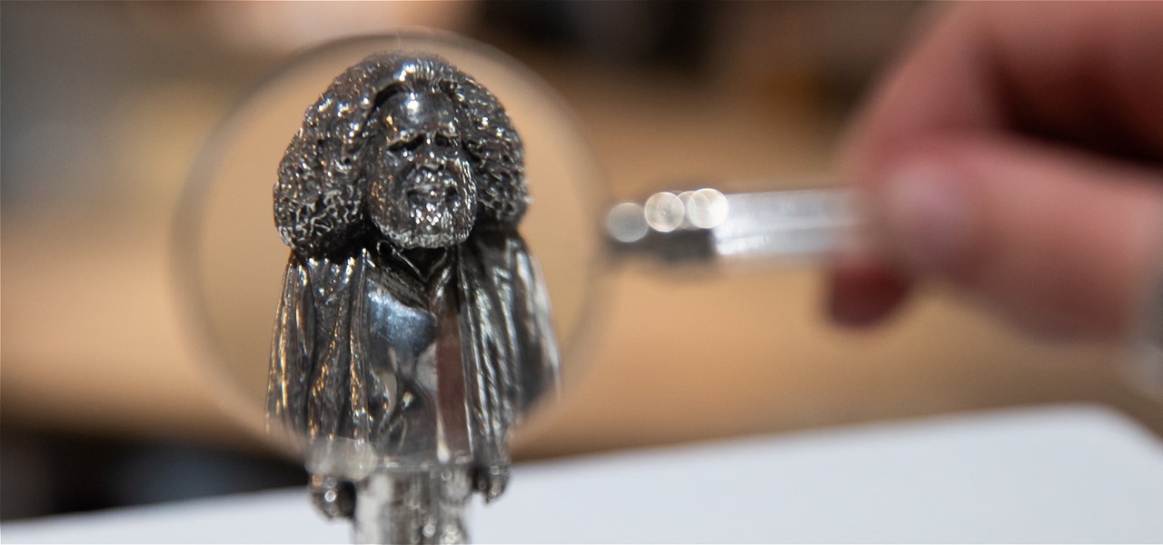 Small silver statue of Uncle Jack Charles, created by the 2023 MAPAA winner