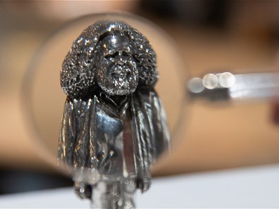 Small silver statue of Uncle Jack Charles, created by the 2023 MAPAA winner