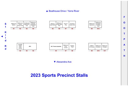 Map of stalls in the Sports Precinct at the 2023 Midsumma Carnival
