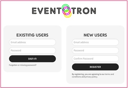 Screenshot of the Eventotron login screen