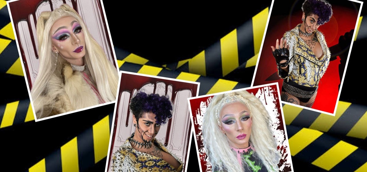 Collage of 4 photos of drag queens arranged in front of "danger" yellow-and-black-striped tape
