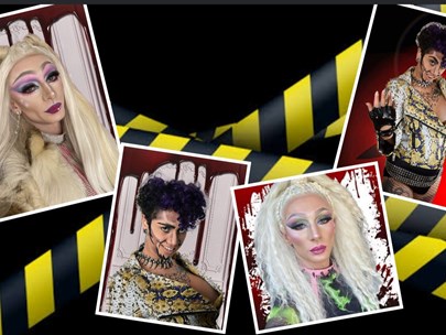 Collage of 4 photos of drag queens arranged in front of
