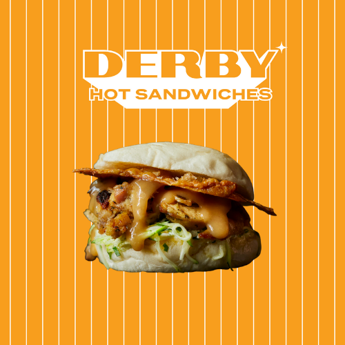 Hamburger with text 'Derby hot sandwiches'.