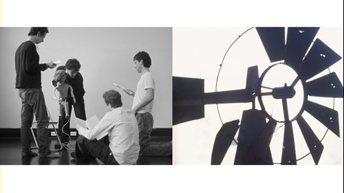 Collage of two black and white photos. Left is 4 people doing a play reading. Right is an old steel windmill.