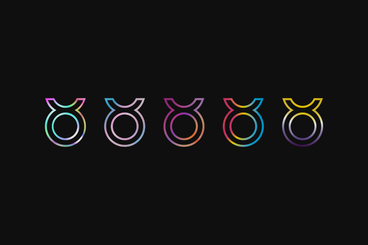 Black background with 5 rainbow-coloured icons on it