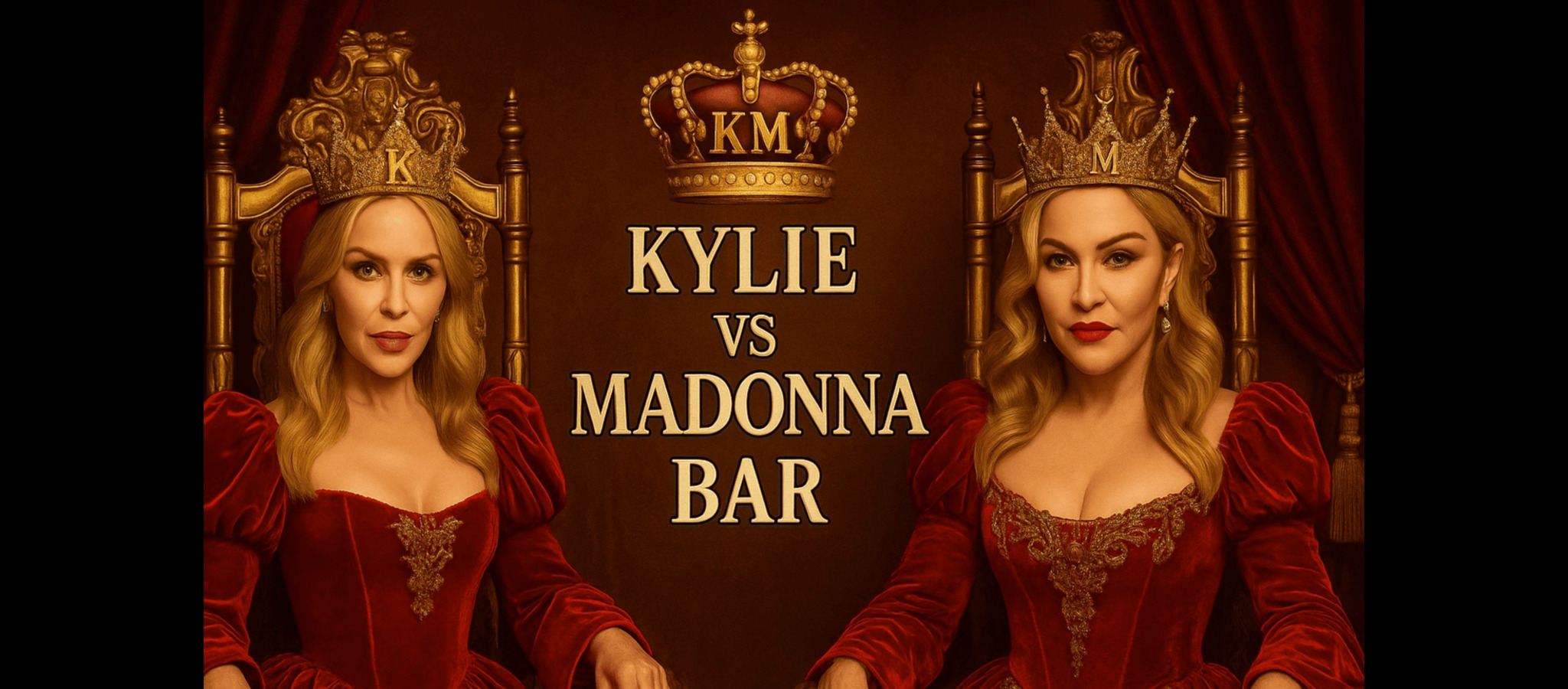 Collage of Kylie and Madonna each on a throne and wearing a crown