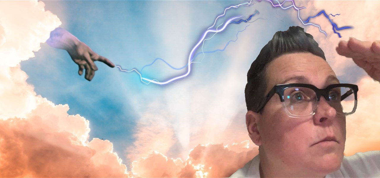Image of Jack peering into the distance with hand raised, with short hair/glasses. Behind them are clouds, the hand of God shooting lightning at them
