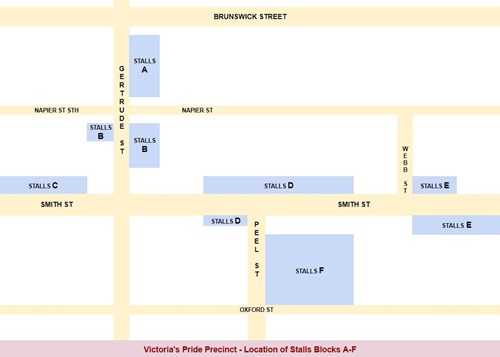 Overview map of the Victoria's Pride precinct showing the stalls blocks