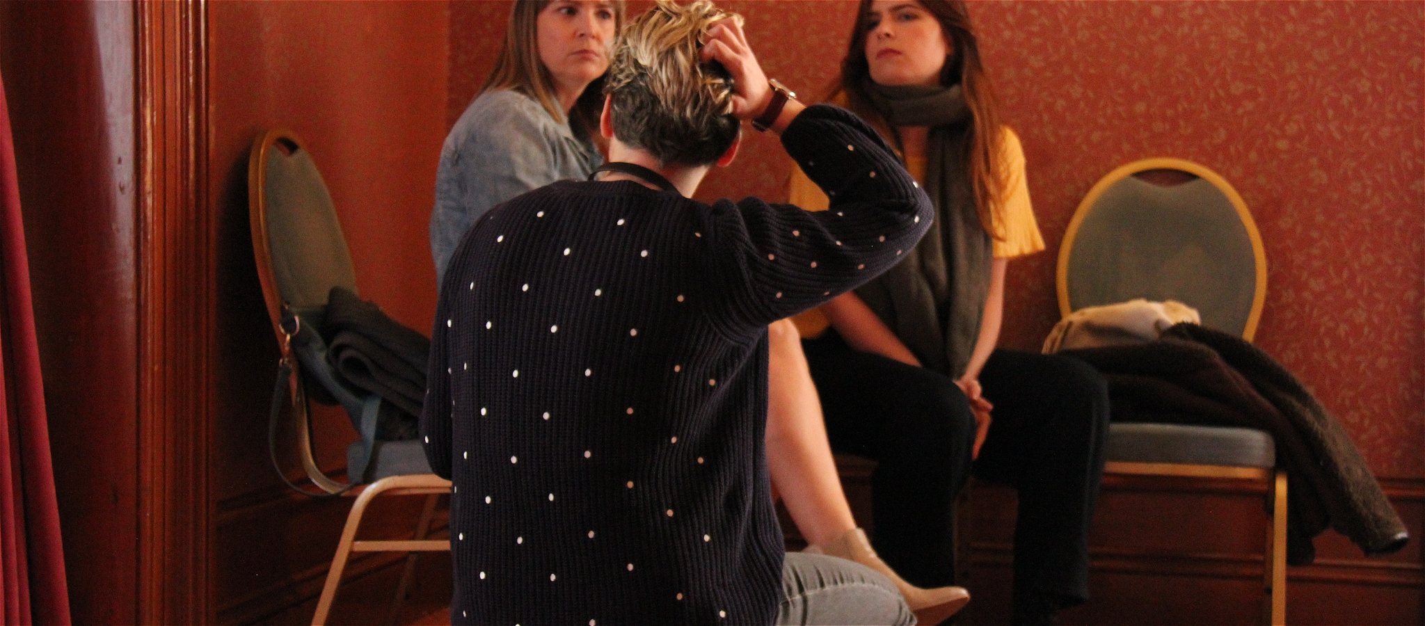 Filmmaker Louise Lever chats to her actors on set.