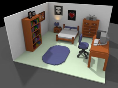 Graphic of a white room with green floor and furniture: bookshelf, drawers, bed, table and chair, rug etc.